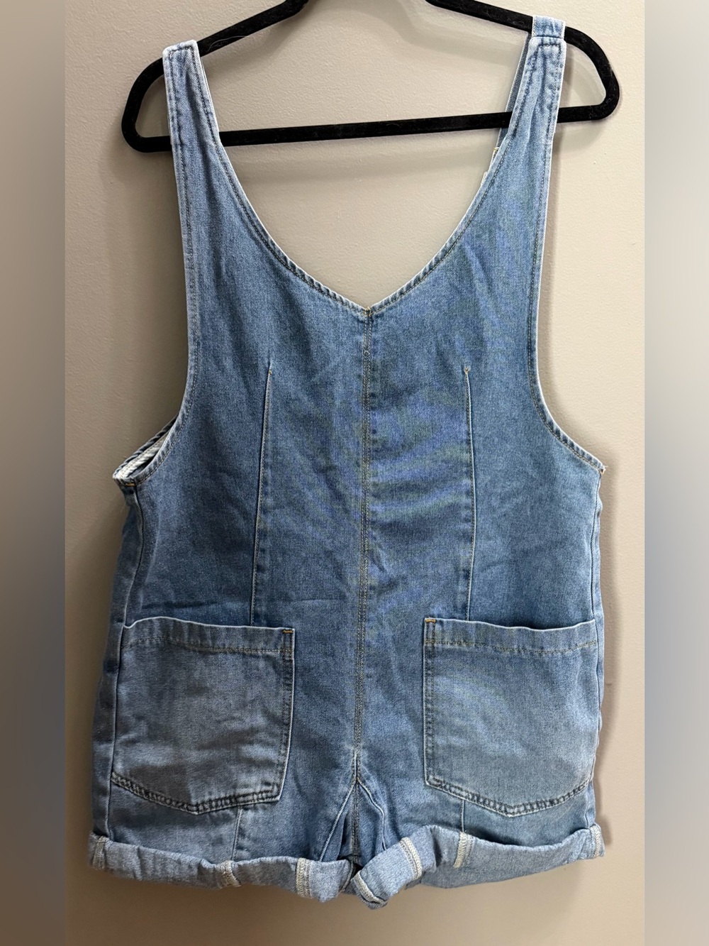 Light Blue Denim Overall Romper - Casual Pocketed Shorts size medium